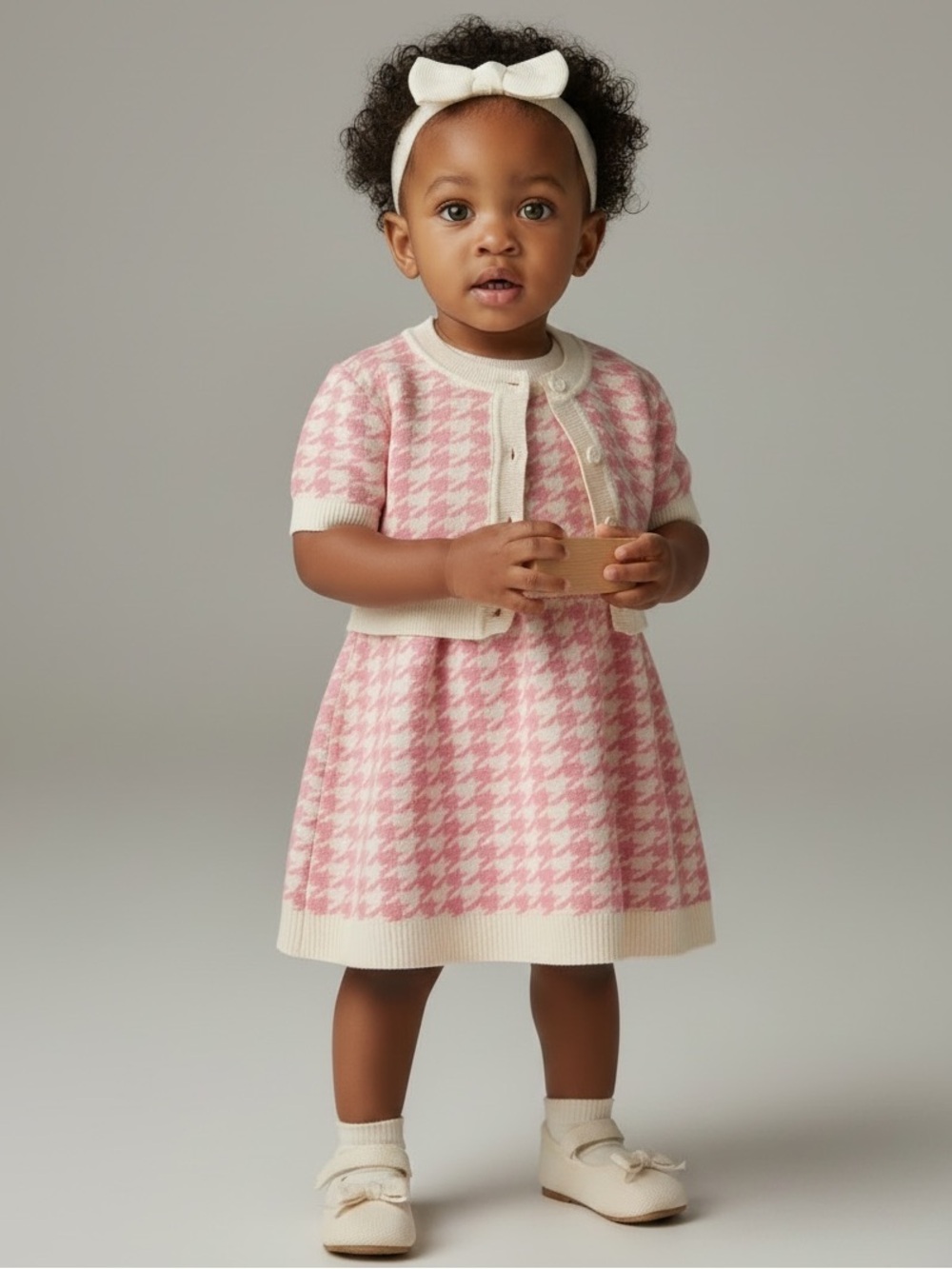 SHEIN Pink and Cream Houndstooth Knit Dress with Cropped Cardigan
